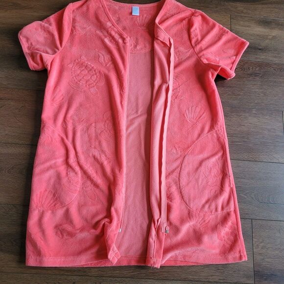Womens ADONNA Terry cloth Zip Cover Up Robe L Coral Turtle Shells Print Pockets - Picture 10 of 13